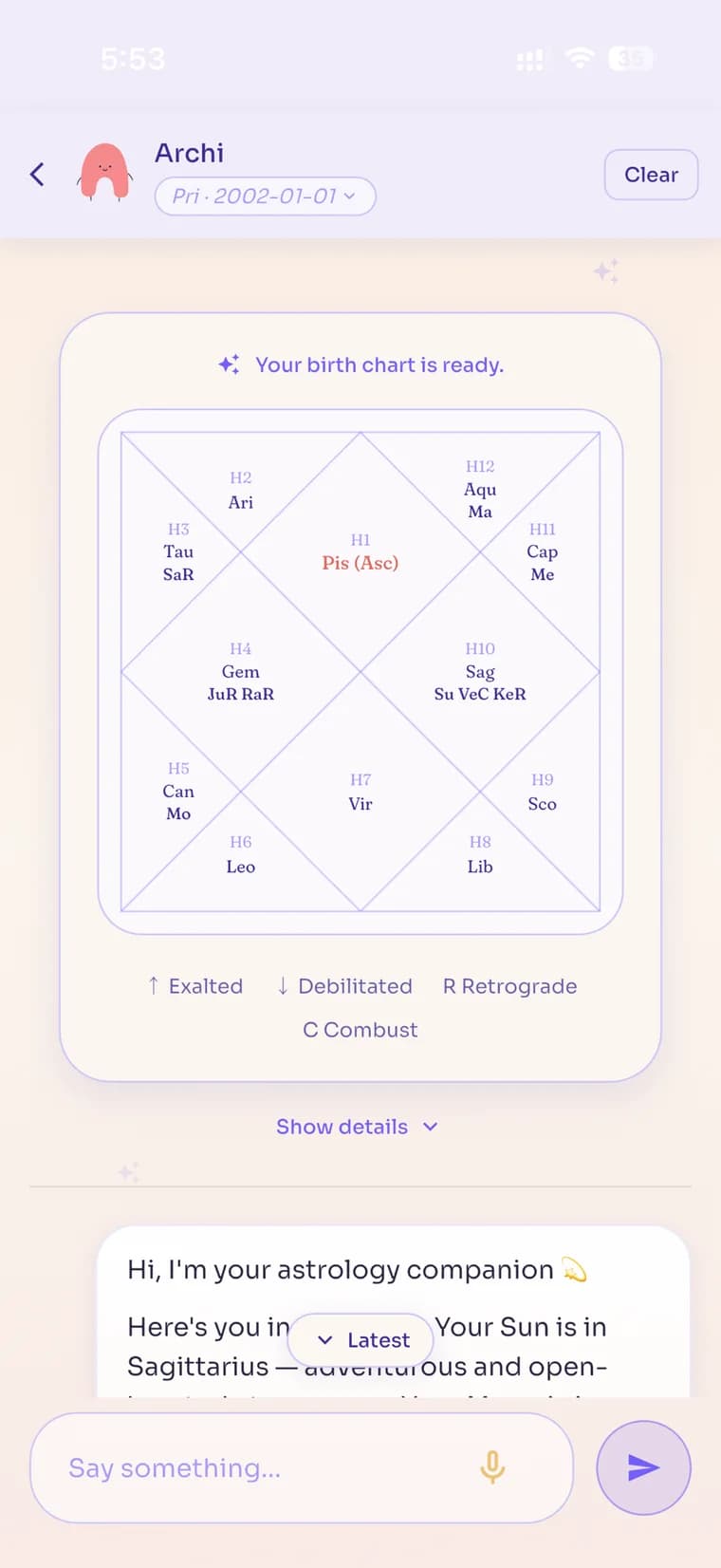 A Vedic birth chart calculated in Solis, correctly showing Pisces as the Ascendant