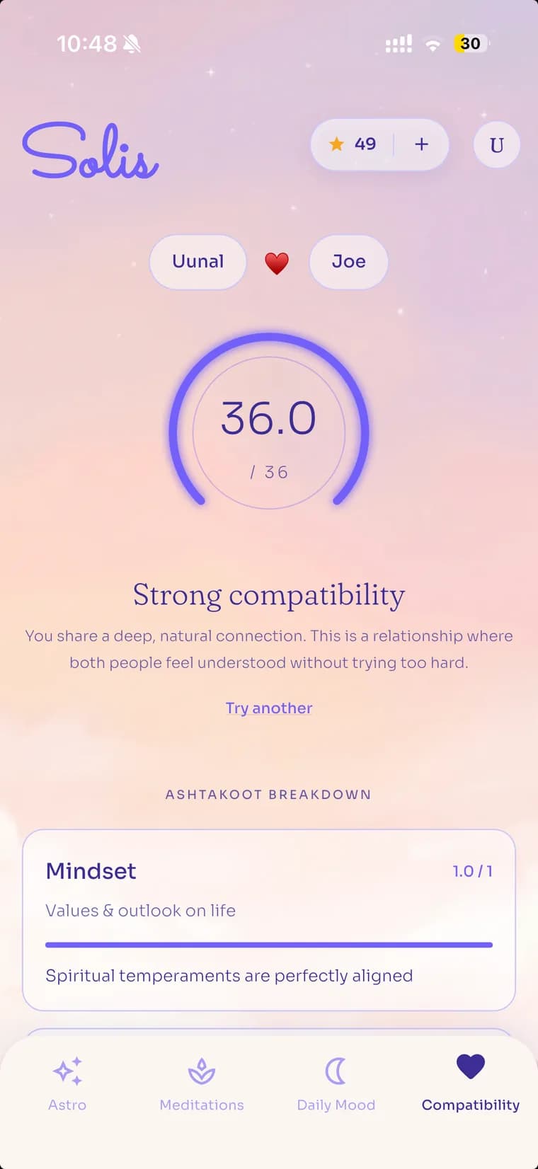 An Ashtakoot compatibility score of 30.5 out of 36 with its breakdown