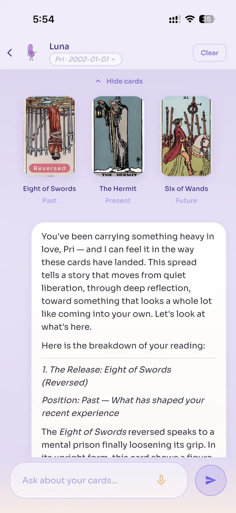 Luna explaining the meaning of a drawn tarot card
