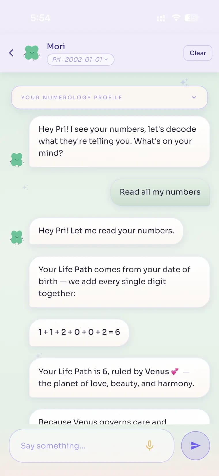 A numerology reading in a chat with Mori