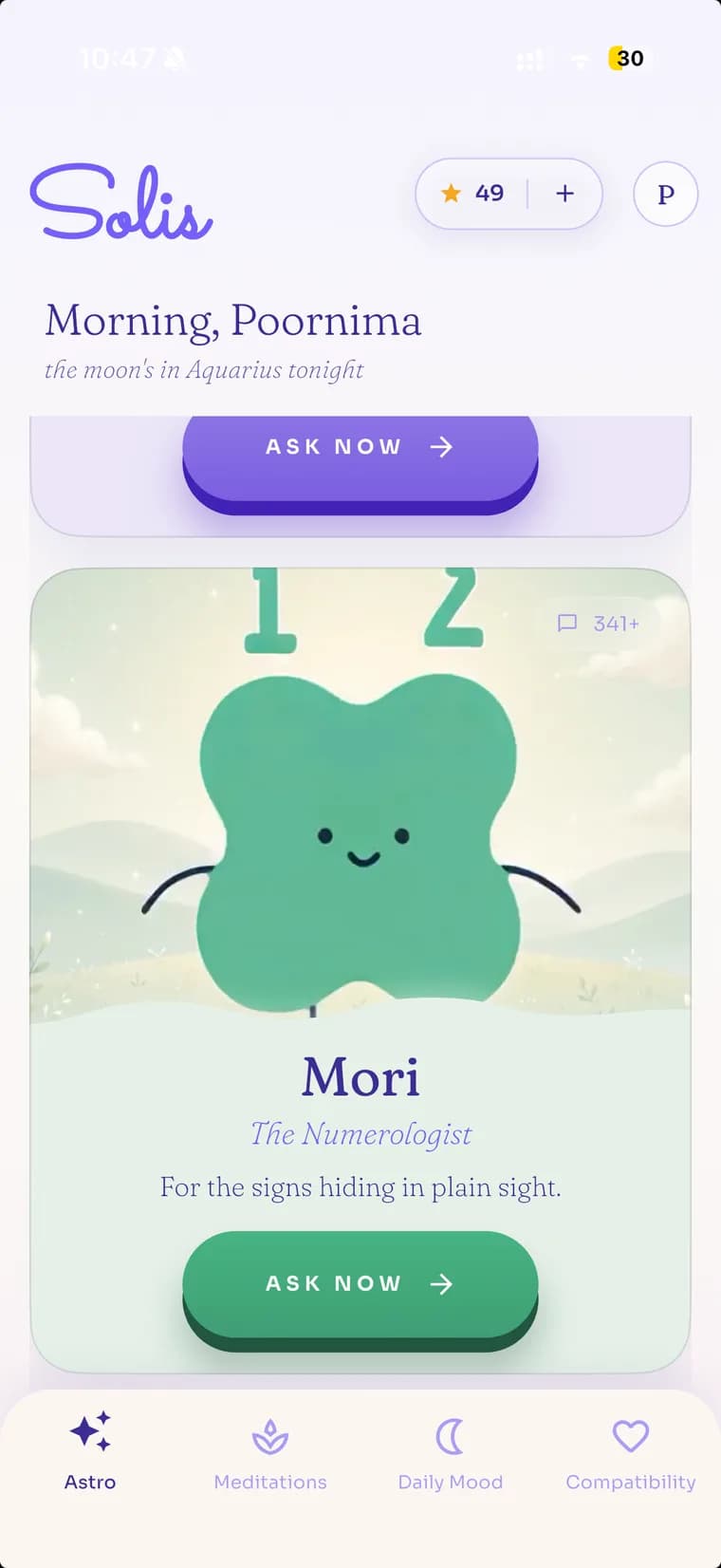 Mori, the numerologist, on the Solis home screen